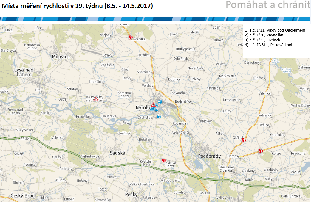 Mapa míst měření rychlosti na 19. týden